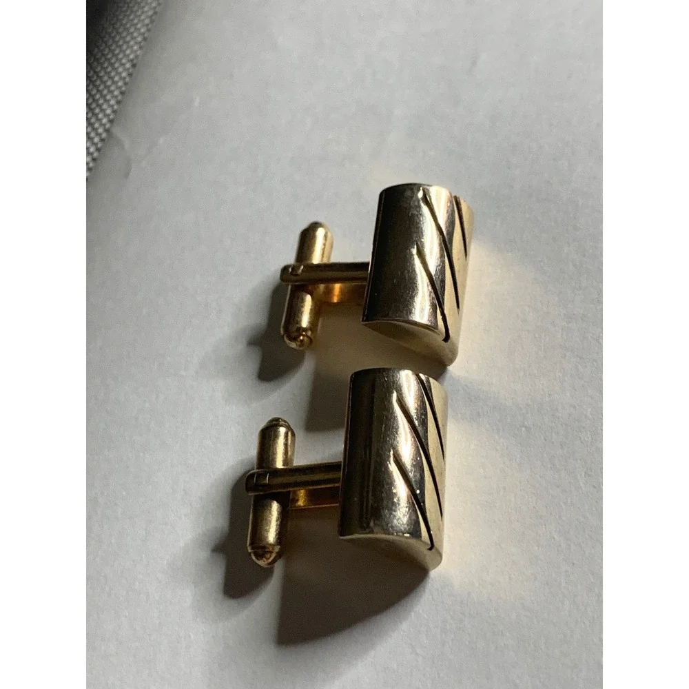 Gold Tone Cufflinks, Rectangular, Diagonal Stripe Pattern, Classic Men's‎